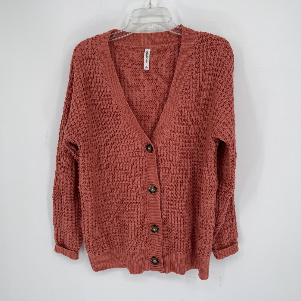 Zenana Women's Rust Chunky Waffle Knit Button Front Cozy Cardigan Sweater Size M
